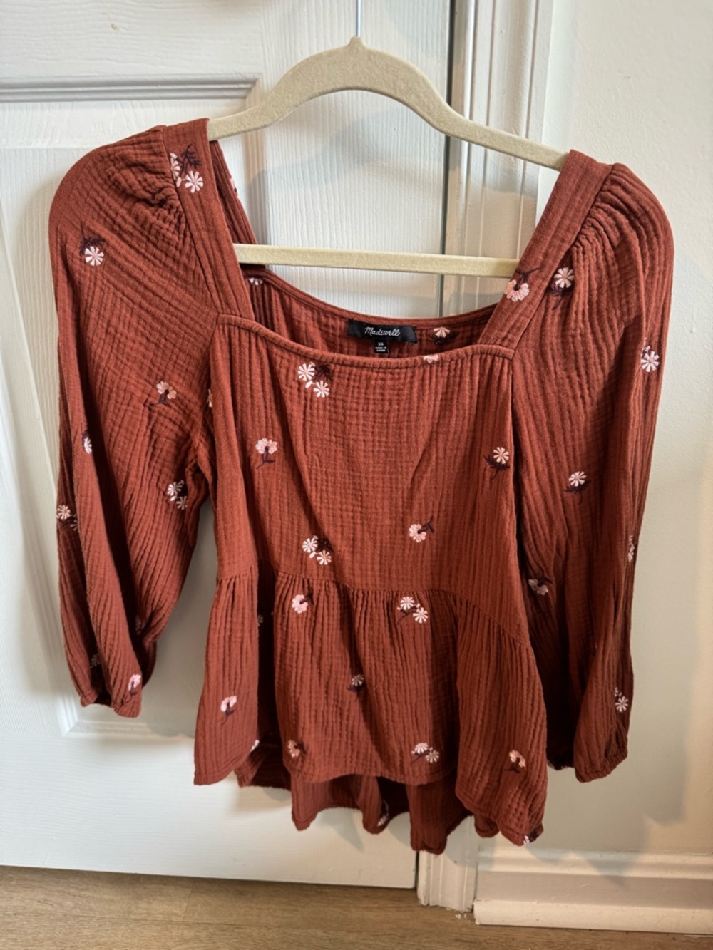 Madewell Rust Brown Tiered Floral Embroidered Peasant Top